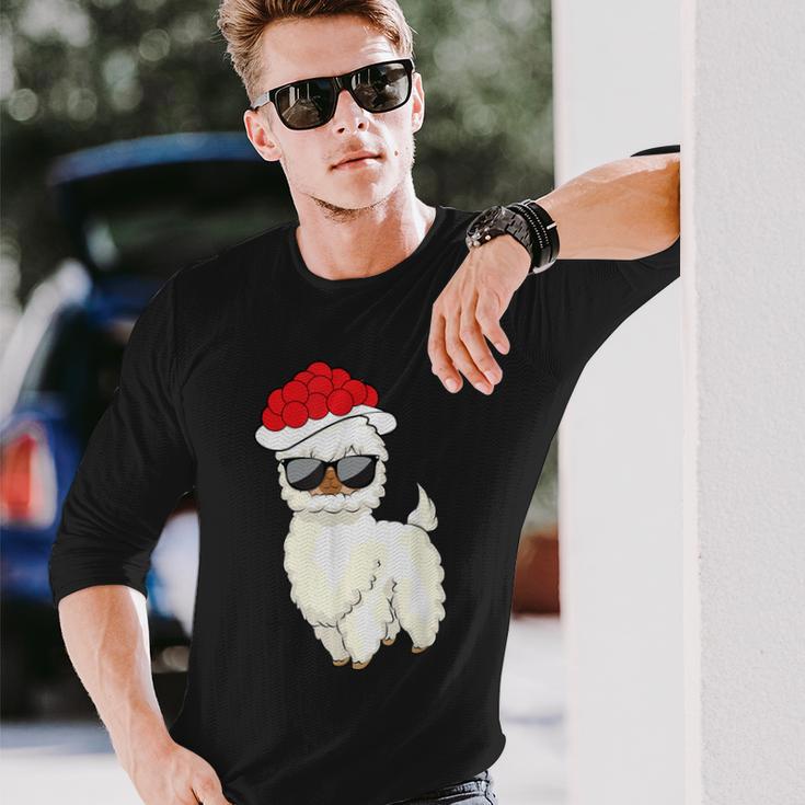 Weihnachtslama Unisex Langarmshirts mit Sonnenbrille & Weihnachtsmütze Geschenke für Ihn