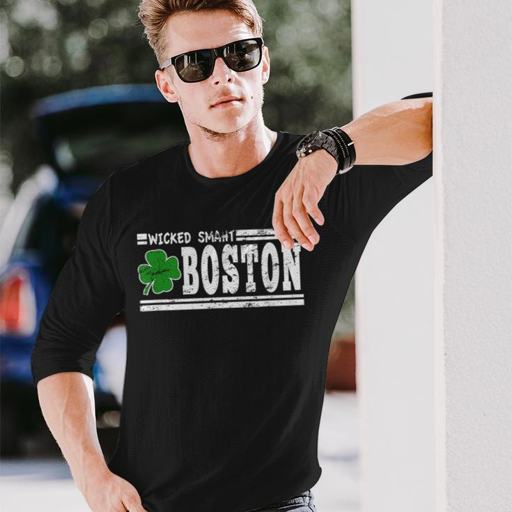 Wicked Smaht Boston Massachusetts Accent Smart Ma Distressed Long Sleeve T-Shirt Gifts for Him