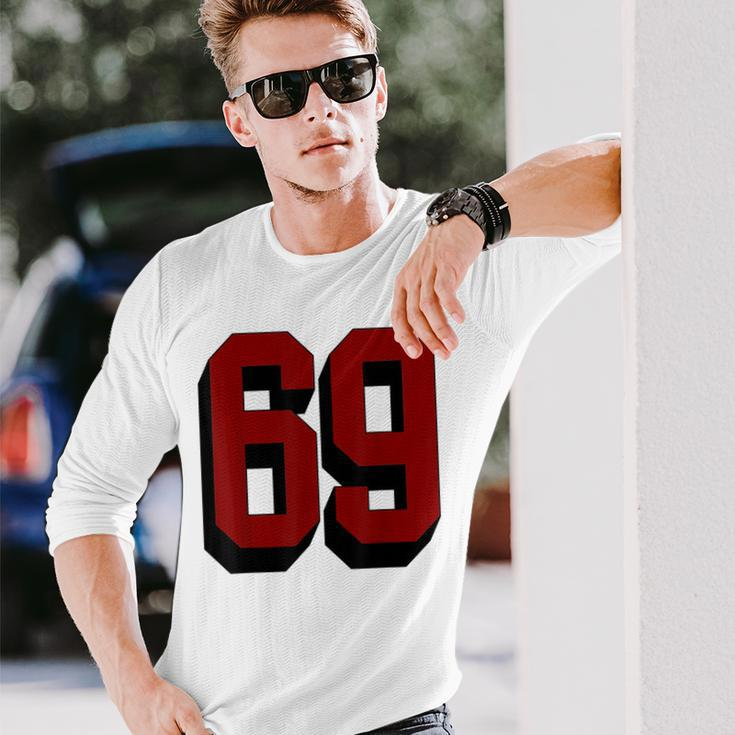 69 Number 69 Varsity Fan Sports Team White Jersey Long Sleeve T-Shirt Gifts for Him