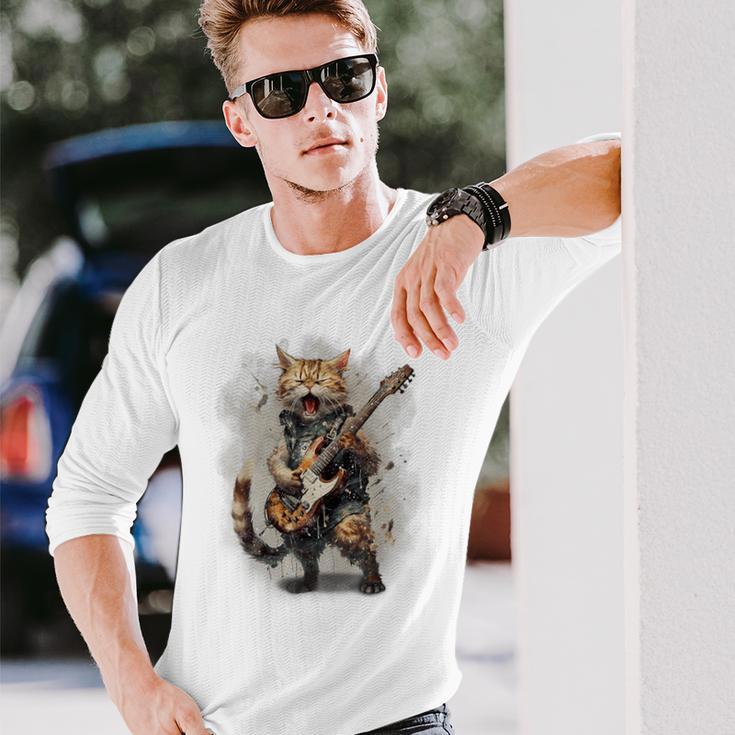 Cat Singing With Electric Guitar Vintage Long Sleeve T-Shirt Gifts for Him