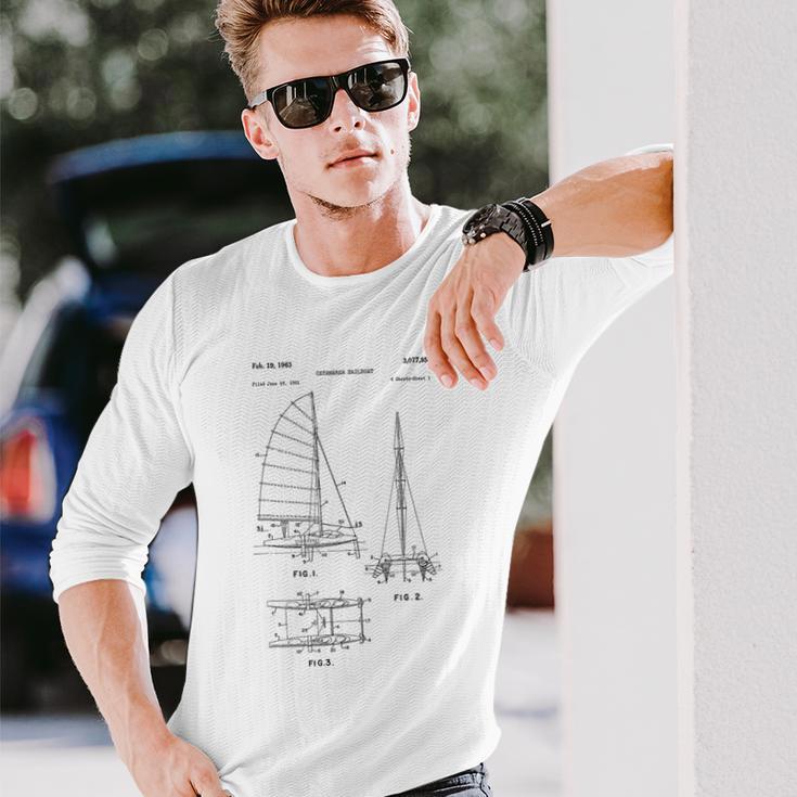 Catamaran Sailboat Blueprint Old Sailing Boat Ocean Long Sleeve T-Shirt Gifts for Him