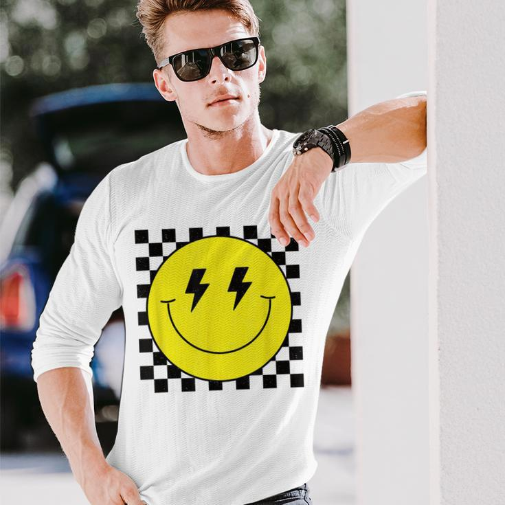Checkered Lightning Eyes Yellow Smile Face Happy Face Long Sleeve T-Shirt Gifts for Him