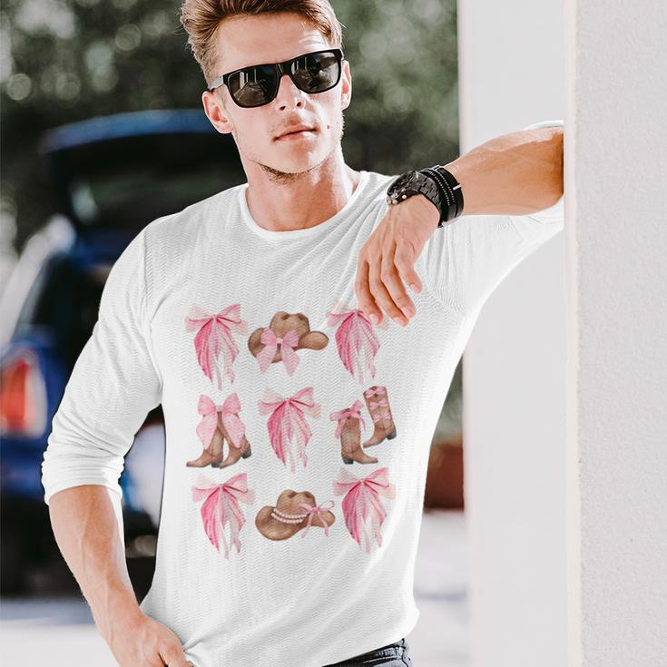 Coquette Pink Bow Cowboy Boots Hat Western Country Cowgirl Long Sleeve T-Shirt Gifts for Him