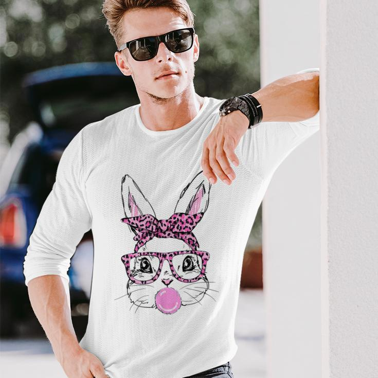 Cute Bunny Face Pink Glasses Leopard Bublegum Easter Day Long Sleeve T-Shirt Gifts for Him