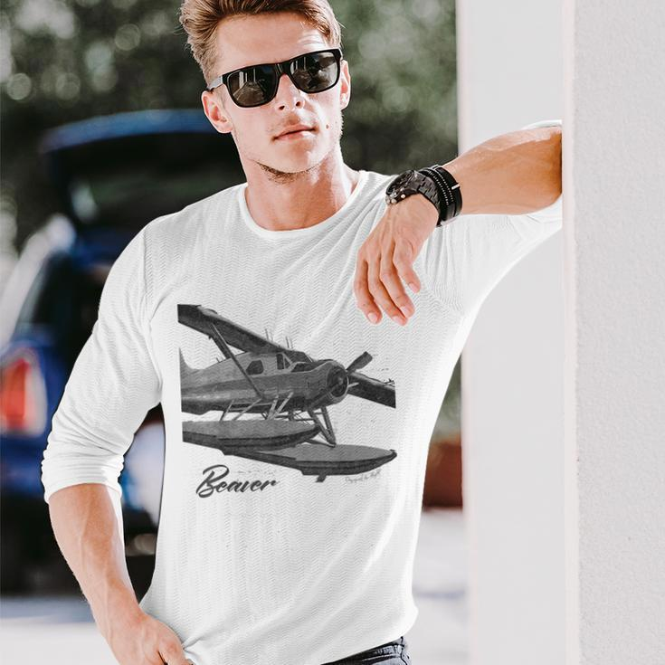 Dhc-2 Beaver Floatplane Charcoal Drawing Airplane Long Sleeve T-Shirt Gifts for Him