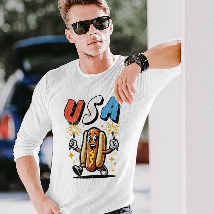 Hot Dog 4Th Of July Fireworks Independence Day Retro Long Sleeve T-Shirt Gifts for Him