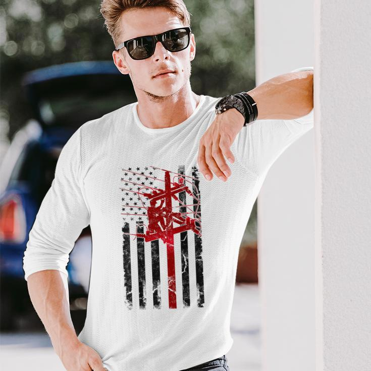 Lineman American Flag Electric Cable Lineworker Long Sleeve T-Shirt Gifts for Him