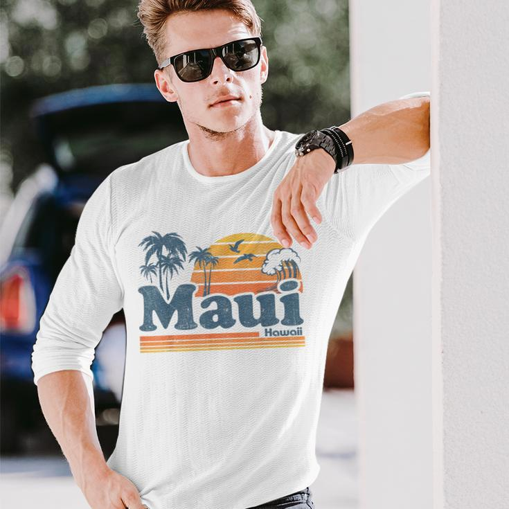 Maui Hawaii Vintage Surf Beach Surfing 70'S Retro Hawaiian Long Sleeve T-Shirt Gifts for Him