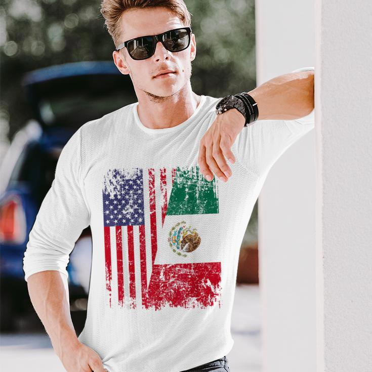 Mexican Roots Half American Flag Mexico Long Sleeve T-Shirt Gifts for Him