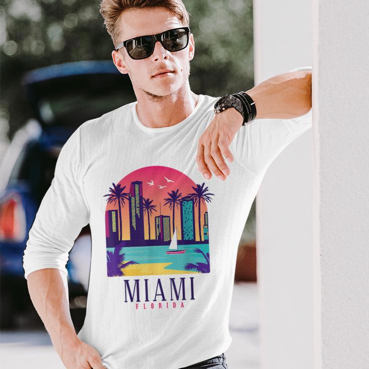 Miami Florida Vintage Retro Skyline Palm Trees Souvenir Long Sleeve T-Shirt Gifts for Him