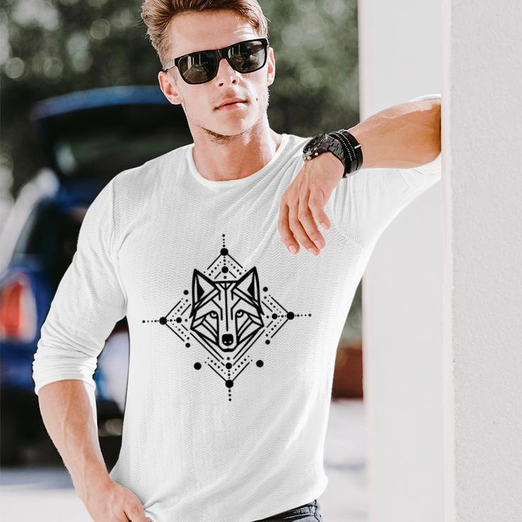Minimal Line And Shape Black Of A Wolf Geometric Long Sleeve T-Shirt Gifts for Him