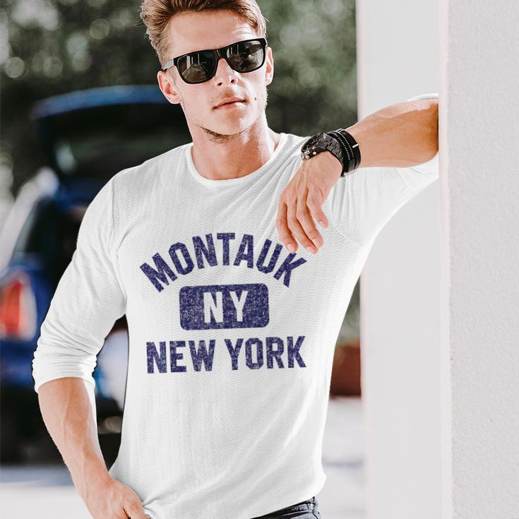 Montauk Ny Gym Style Distressed Navy Blue Print Long Sleeve T-Shirt Gifts for Him