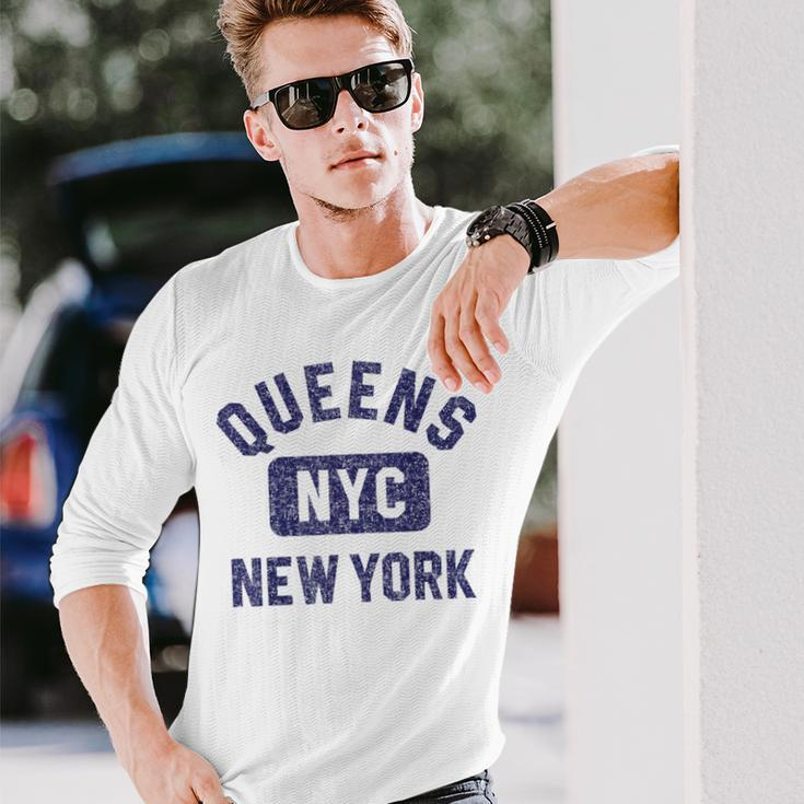 Queens Nyc Gym Style Distressed Navy Blue Print Long Sleeve T-Shirt Gifts for Him