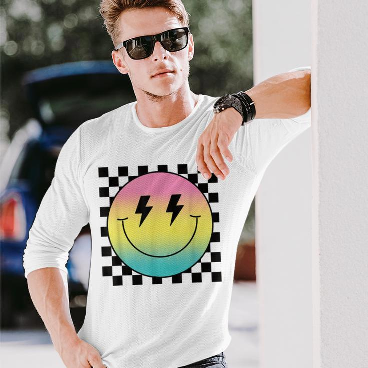 Rainbow Smile Face Cute Checkered Smiling Happy Face Long Sleeve T-Shirt Gifts for Him