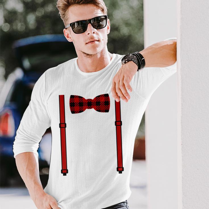 Red Buffalo Plaid Bow Tie And Suspenders Long Sleeve T-Shirt Gifts for Him