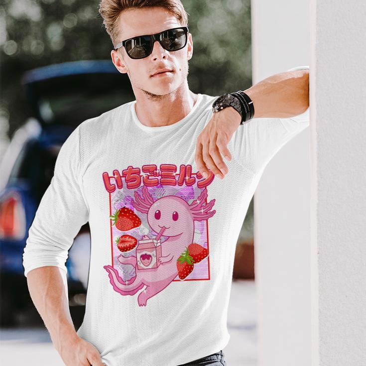 Retro Strawberry Milk Anime Kawaii Axolotl Strawberry Milk Pink Langarmshirts Geschenke für Ihn