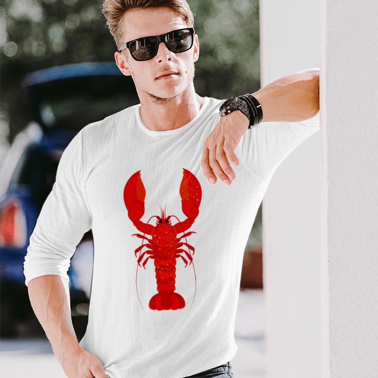 Rotes Hummer-Design Herren Langarmshirts in Weiß, Lustiges Meeresfrüchte Tee Geschenke für Ihn