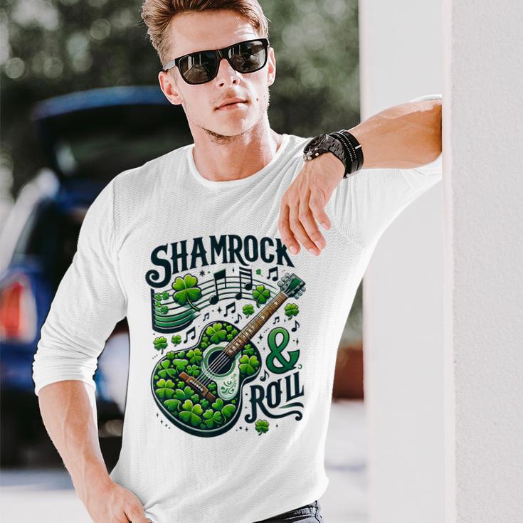 Shamrock N Roll St Patrick's Day Guitar Irish Music Long Sleeve T-Shirt Gifts for Him