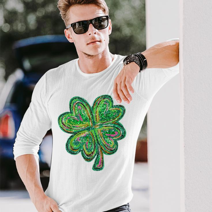 Shamrock Sequin Effect St Patrick's Day Four Leaf Clover Long Sleeve T-Shirt Gifts for Him