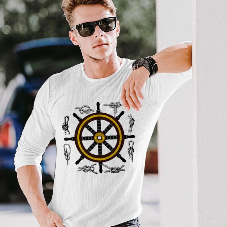 Ships Wheel & Rope Knots Sailors Nautical Yachting Long Sleeve T-Shirt Gifts for Him