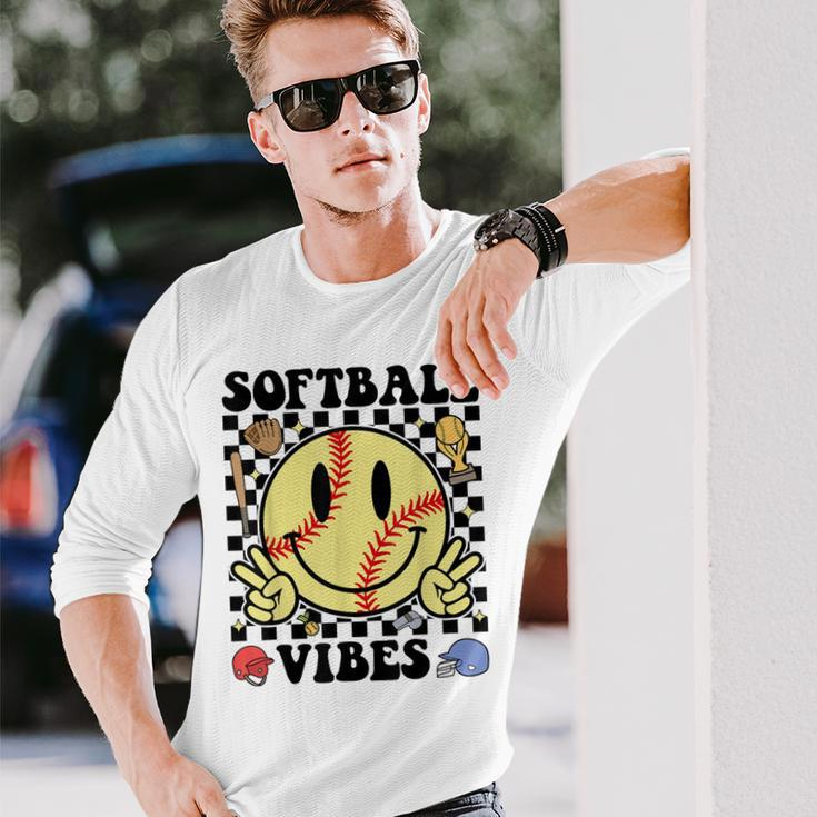 Softball Vibes Smile Face Game Day Softball Mom Long Sleeve T-Shirt Gifts for Him