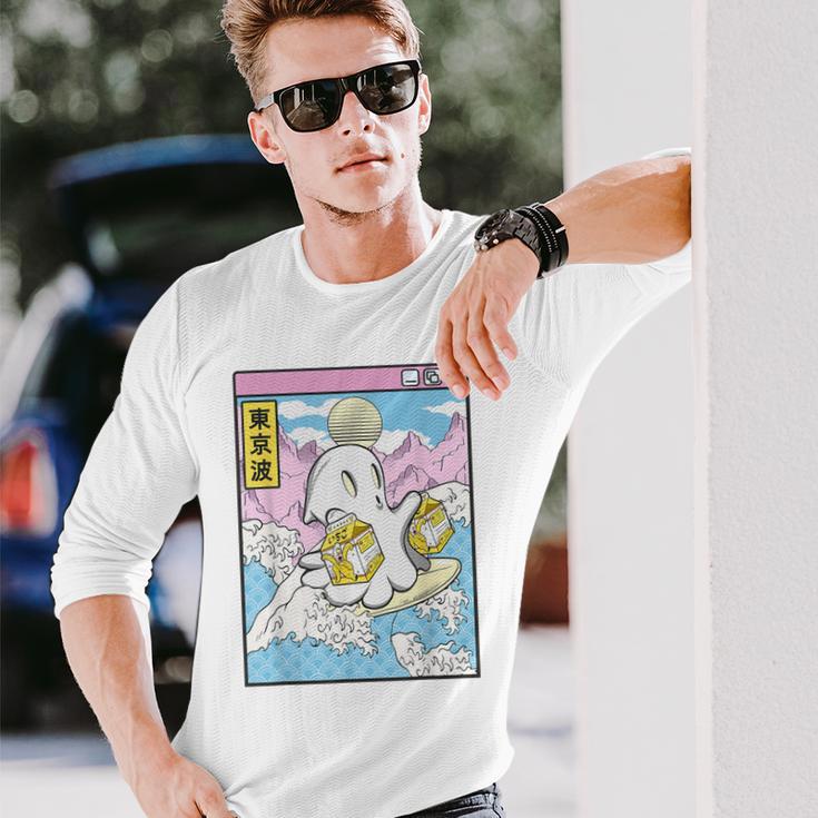 Surfing Ghost Banana Milk Japanese Waves Kawaii Vaporwave Long Sleeve T-Shirt Gifts for Him