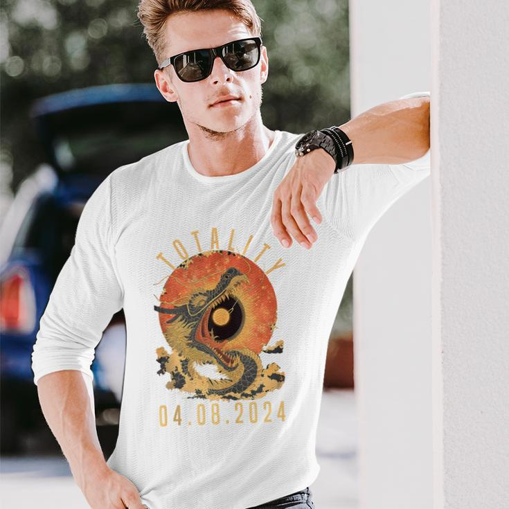 Totality 04082024 Dragon & Sun Solar Eclipse April 8 2024 Long Sleeve T-Shirt Gifts for Him