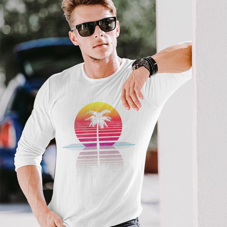 Vintage 80S 90S Retro Surf Outrun Sun Synthwave Palm Tree Long Sleeve T-Shirt Gifts for Him