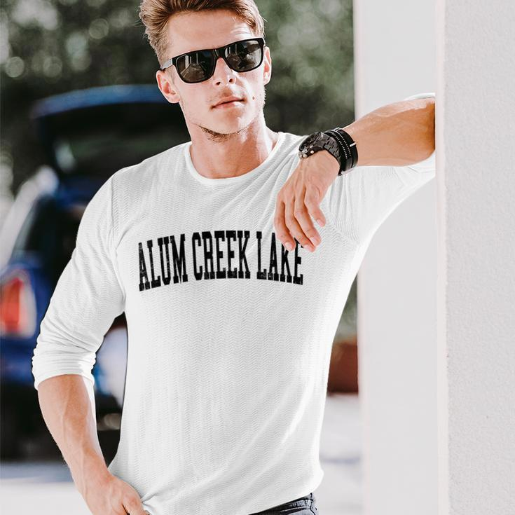 Vintage Alum Creek Lake Distressed Black Varsity Style Long Sleeve T-Shirt Gifts for Him