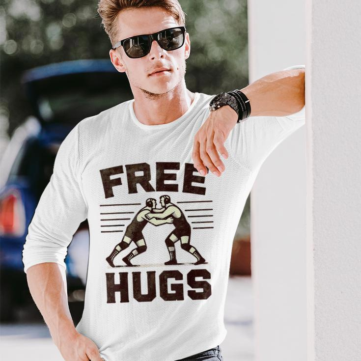 Vintage Wrestler Free Hugs Humor Wrestling Match Long Sleeve T-Shirt Gifts for Him