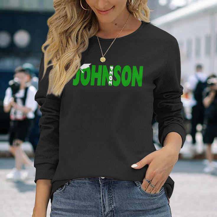2024 Last Name Team Johnson Family Graduation Green Long Sleeve T-Shirt Gifts for Her
