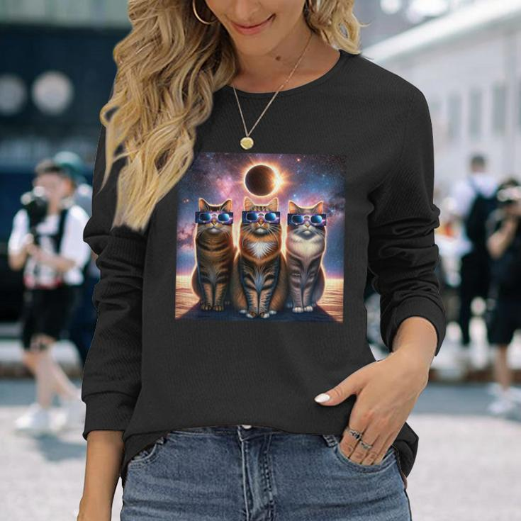 2024 Solar Eclipse Three Cats Wearing Glasses Totality Long Sleeve T-Shirt Gifts for Her