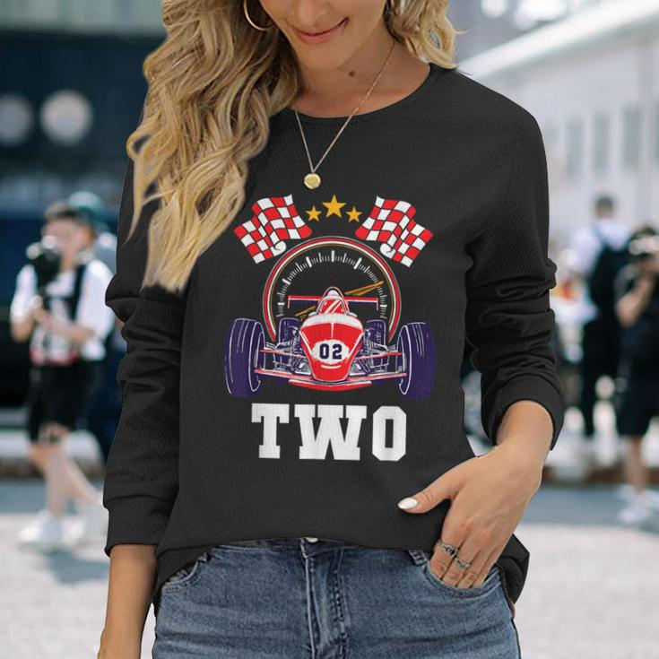 2Nd Birthday Boy Race Car Flag 2 Years Old Racing Driver Kid Long Sleeve T-Shirt Gifts for Her