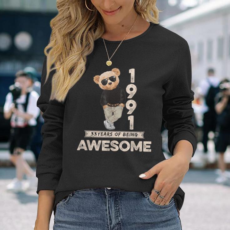 33 Geburtstag Herren Damen 1991 Original Awesome Teddybär Langarmshirts Geschenke für Sie