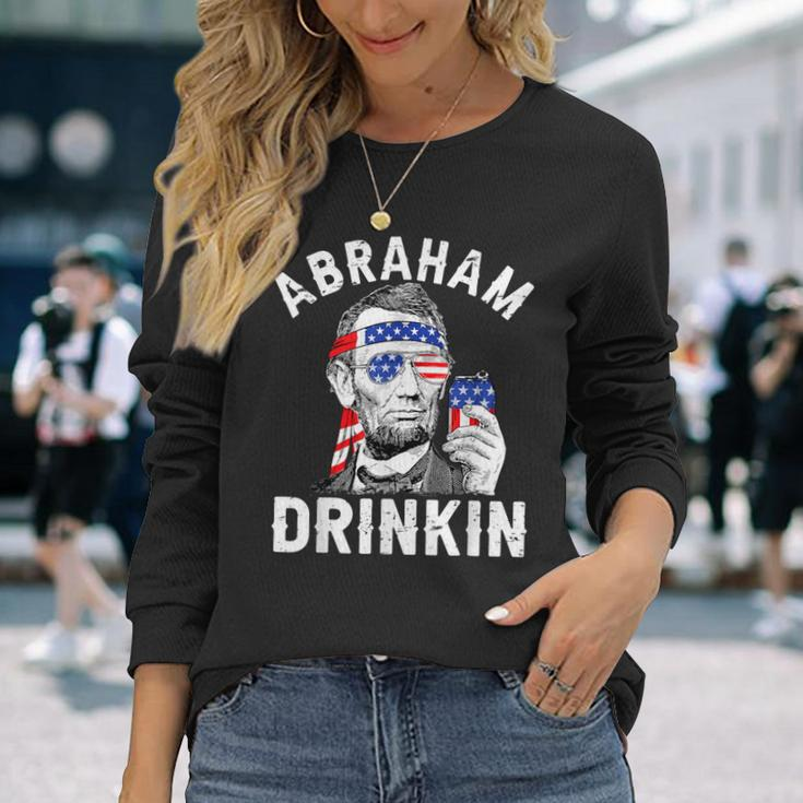 4Th Of July Abraham Drinking Merica Abe Lincoln Beer Lover Long Sleeve T-Shirt Gifts for Her