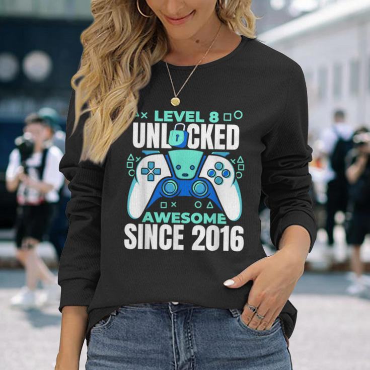 8 Year Old Gamer Gaming 8Th Birthday Level 8 Unlocked Long Sleeve T-Shirt Gifts for Her