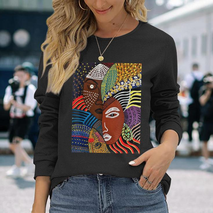 Abstract Brown Skin African American Tribal Mask Black Long Sleeve T-Shirt Gifts for Her