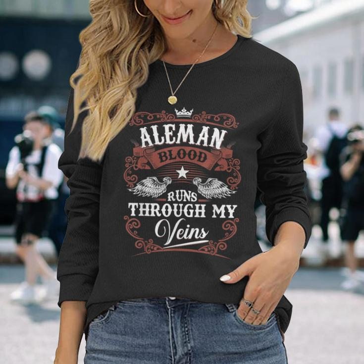 Aleman Blood Runs Through My Veins Vintage Family Name Long Sleeve T-Shirt Gifts for Her