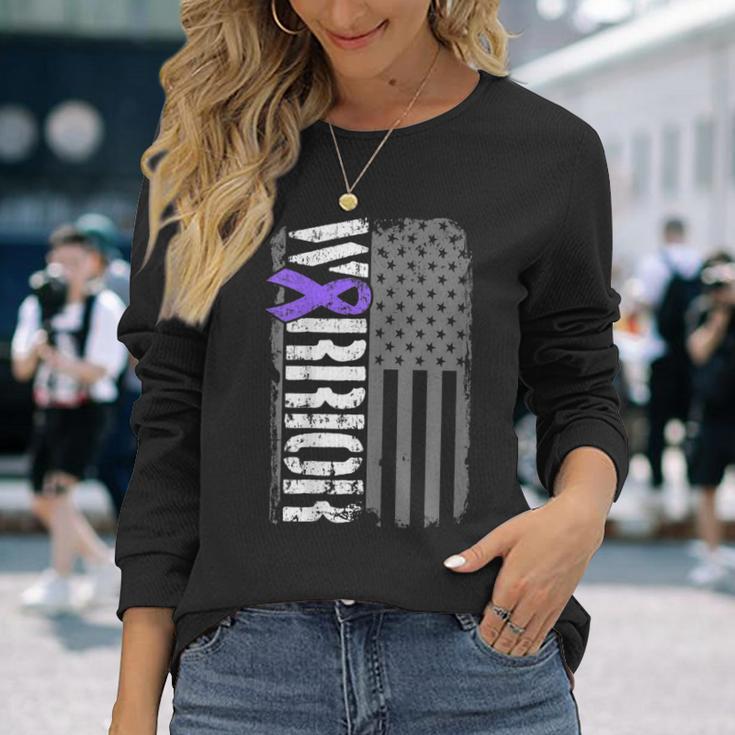 Alzheimers Warrior Vertical American Flag Awareness Ribbon Long Sleeve T-Shirt Gifts for Her