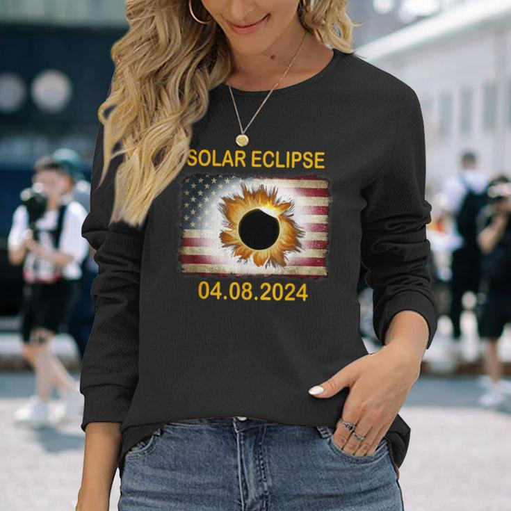 America Totality 04 08 24 Total Solar Eclipse 2024 Usa Flag Long Sleeve T-Shirt Gifts for Her