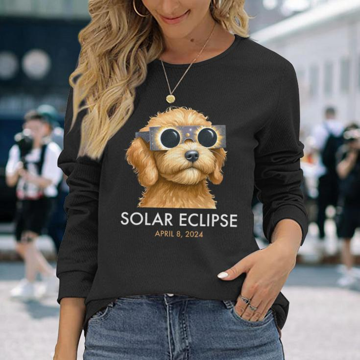 America Totality Solar Eclipse 2024 Cute Doodle Dog Dad Mom Long Sleeve T-Shirt Gifts for Her