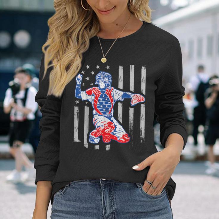 American Baseball Catcher Usa Vintage Flag 4Th Of July Boys Long Sleeve T-Shirt Gifts for Her