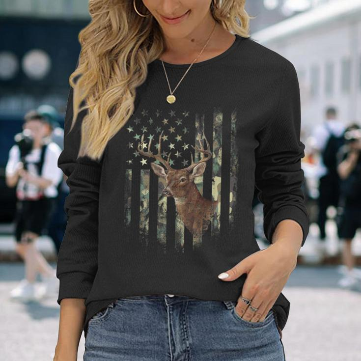 American Flag Print On The Back Deer Hunting Camo Long Sleeve T-Shirt Gifts for Her