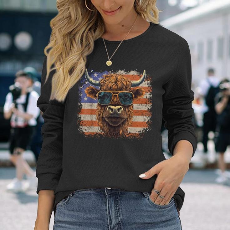 American Flag Highland Cow-Fourth Of July Cow Lover Cool Long Sleeve T-Shirt Gifts for Her