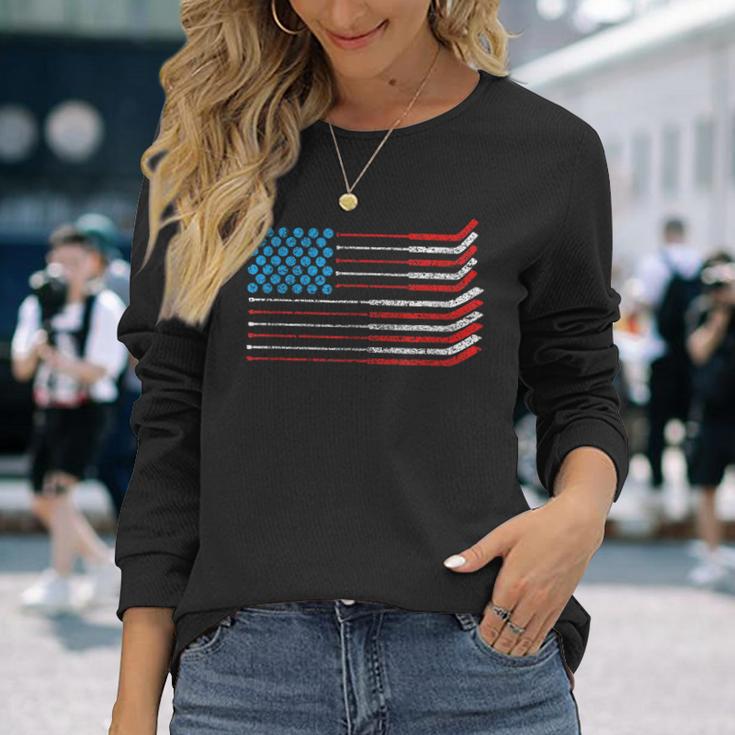 American Flag Patriotic 4Th Of July Hockey Long Sleeve T-Shirt Gifts for Her