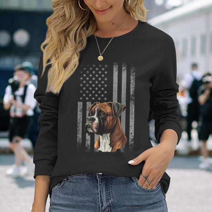 American Flag Usa Patriot Boxer Dog Dad Long Sleeve T-Shirt Gifts for Her