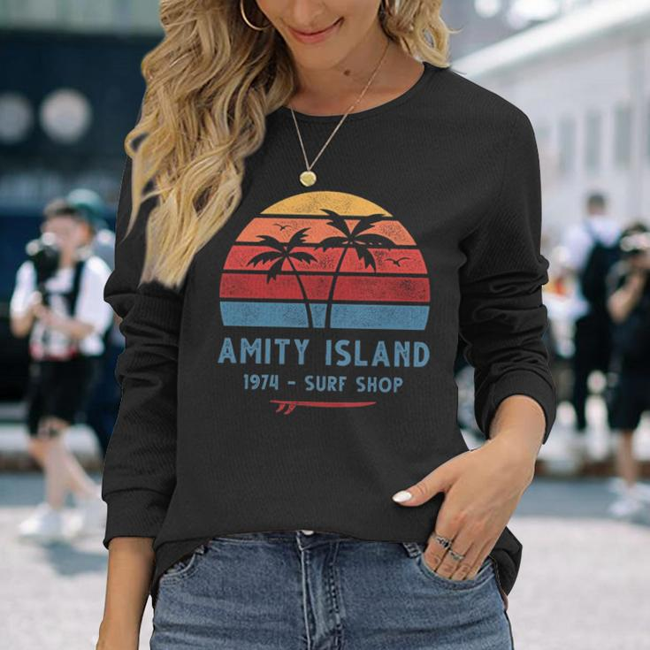 Amity Island Surf 1974 Surf Shop Sunset Surfing Vintage Long Sleeve T-Shirt Gifts for Her