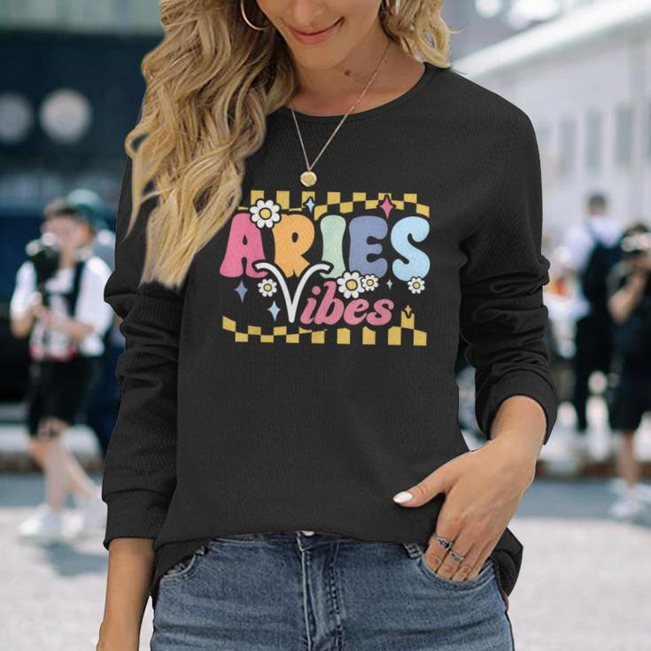 Aries Vibes Zodiac March April Birthday Astrology Groovy Long Sleeve T-Shirt Gifts for Her