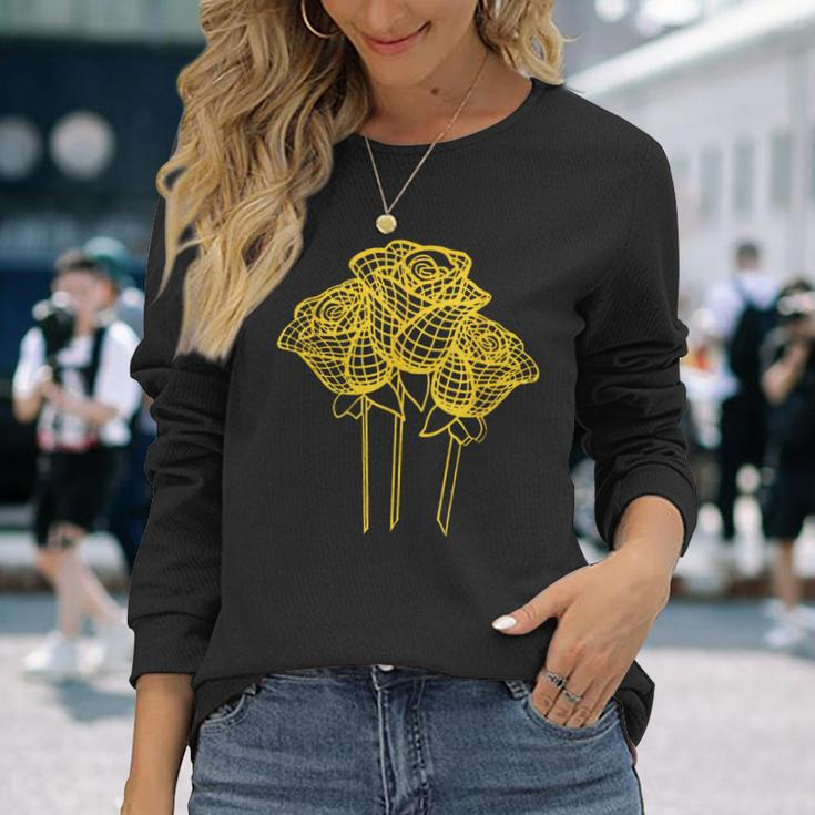 Artistic Yellow Roses Geometric Line Drawing Long Sleeve T-Shirt Gifts for Her