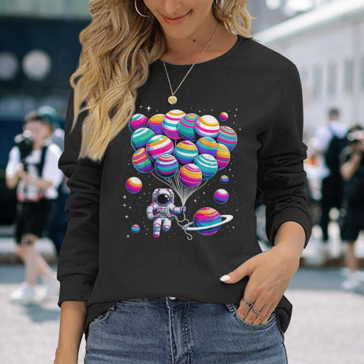 Astronaut Holding Planet Balloons Stem Science Long Sleeve T-Shirt Gifts for Her